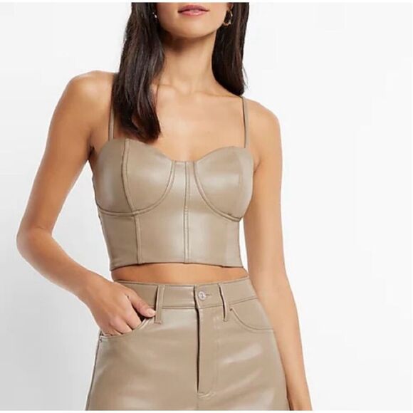 Express NWT Body Contour Faux Leather Corset Crop Top Size Small Vegan Taupe - Picture 1 of 8